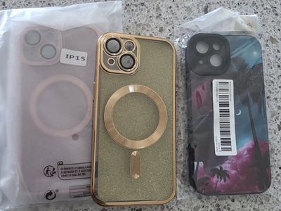 3 iPhone 15 Cases - Pink, Gold Glitter, and Palm Tree Design