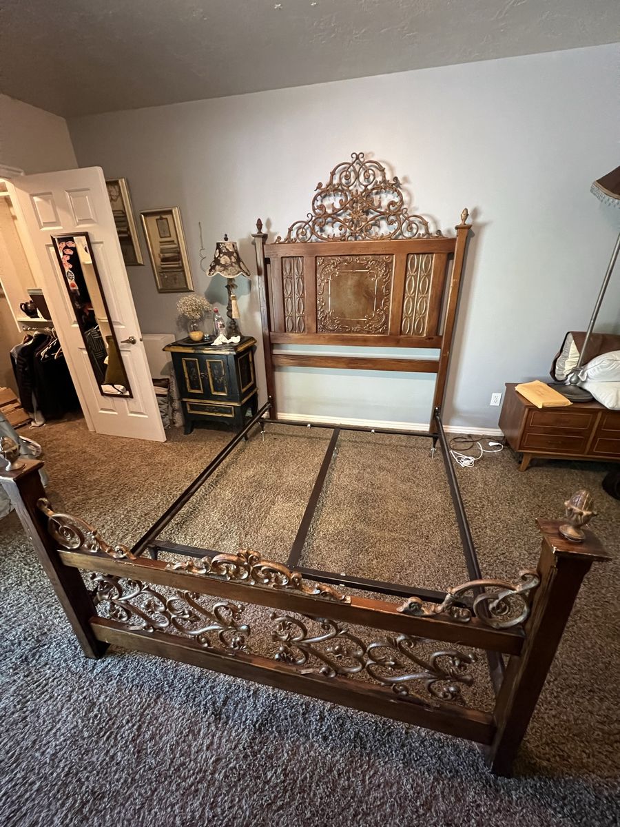 Ornate Wood & Metal Scrollwork Bed Frame