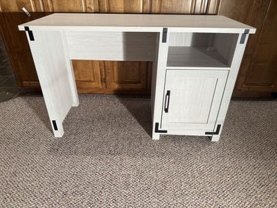 Farmhouse Computer Desk with Storage Cabinet – Whitewashed Wood
