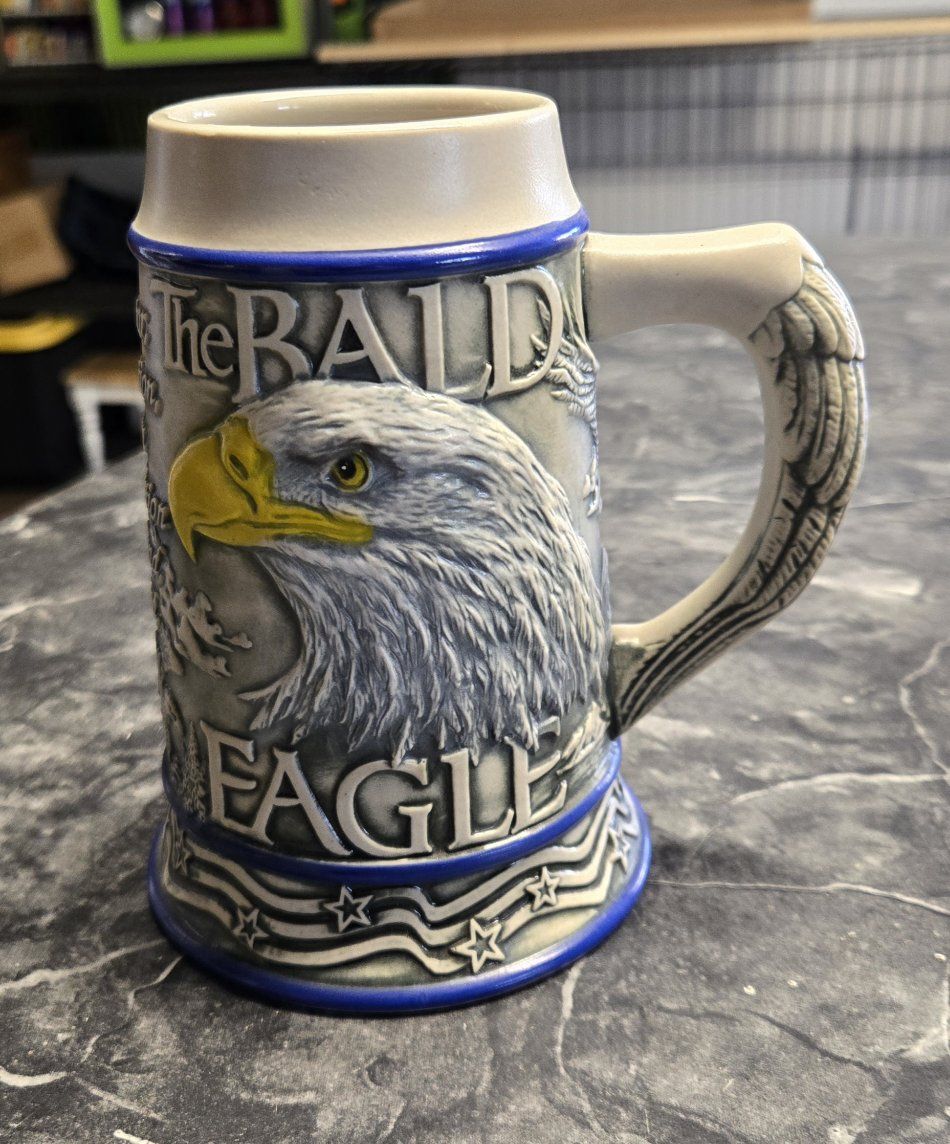 Vintage Ceramic Bald Eagle Beer Stein Mug with Sculpted Feather Handle