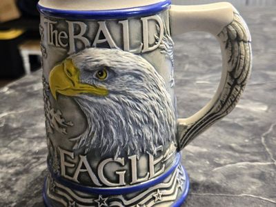 Vintage Ceramic Bald Eagle Beer Stein Mug with Sculpted Feather Handle