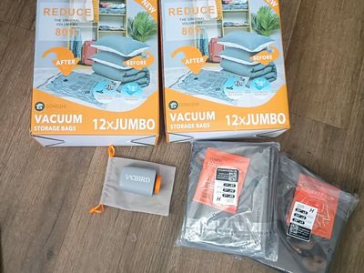 NEW! (34) VACUUM SEALED STORAGE BAGS w/ MINI VACUU