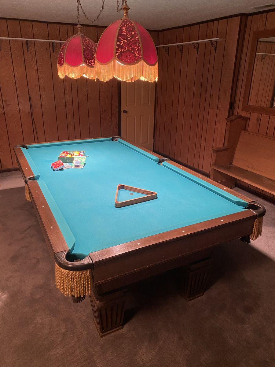 Vintage Pool Table with 12 Cue sticks, Cue Rack and Accessories