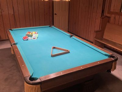 Vintage Pool Table with 12 Cue sticks, Cue Rack and Accessories