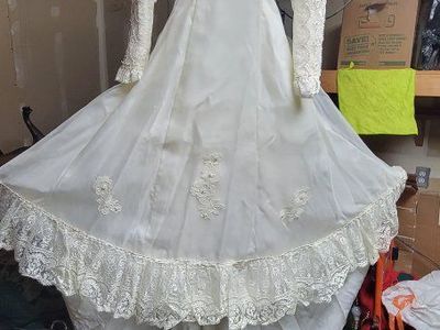 Vintage Ivory Lace & Pearl Embellished Wedding Dress with Long Sleeves & Ruffled Hem