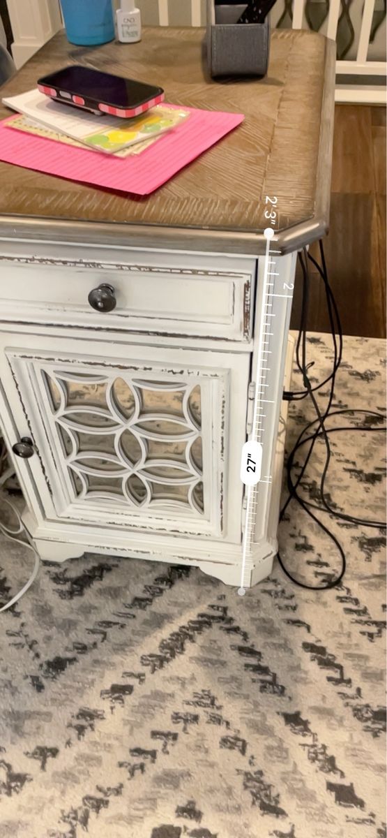 Distressed White Nightstand with Storage Cabinet and Drawer 27" Height