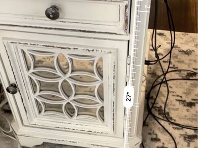 Distressed White Nightstand with Storage Cabinet and Drawer 27" Height