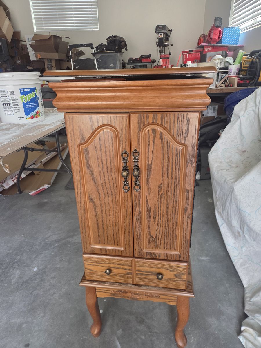 Oak Finish Wood Jewelry Armoire Chest w/ Mirror, Multiple Drawers, Side Compartments & Legs