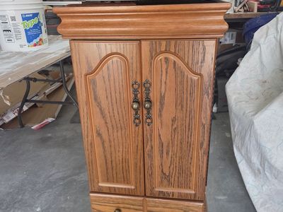 Oak Finish Wood Jewelry Armoire Chest w/ Mirror, Multiple Drawers, Side Compartments & Legs