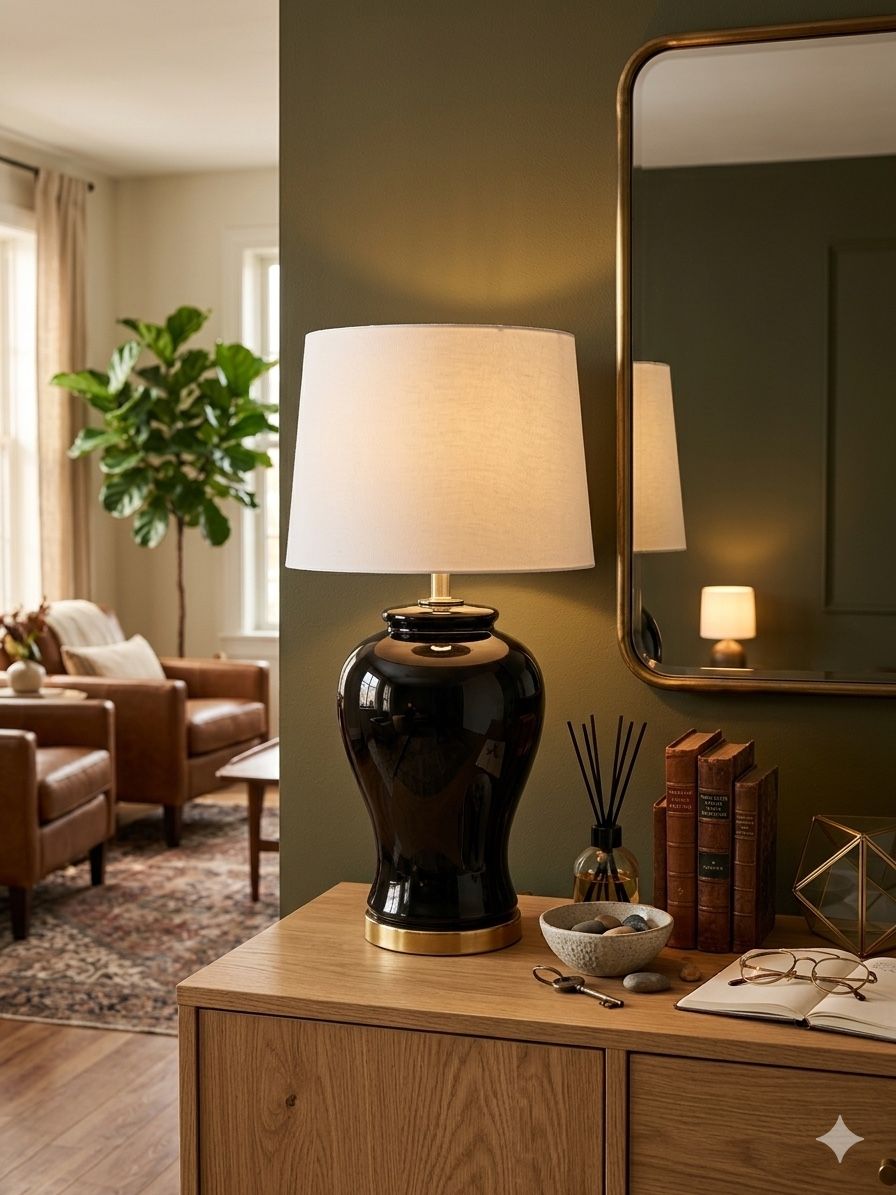 Vintage Black and Brass Ginger Jar Lamp