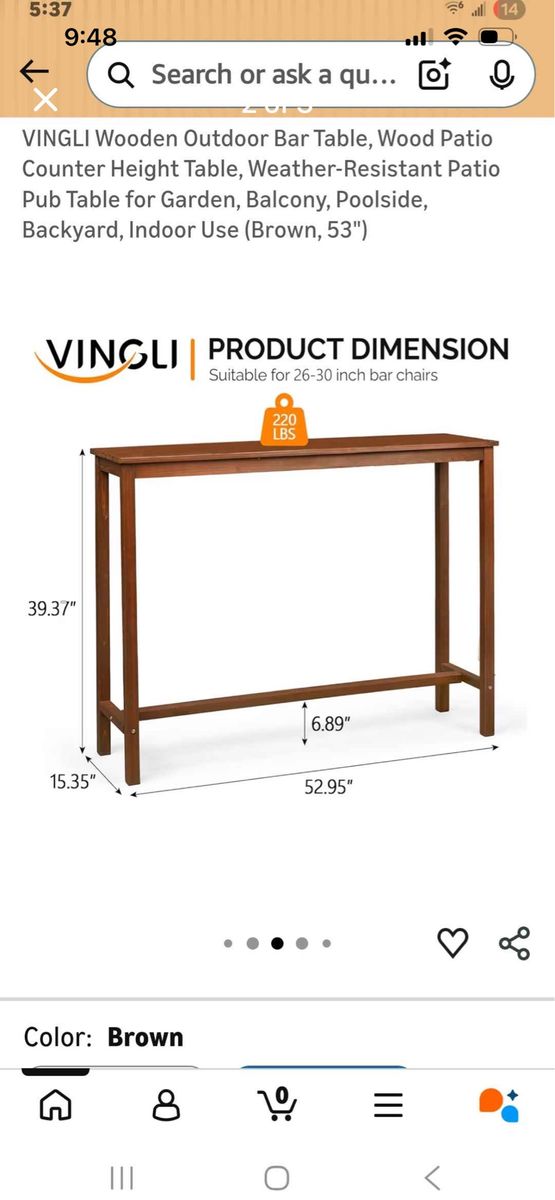 VINGLI Wooden Outdoor Bar Table, Brown, 53" Weather-Resistant Patio Pub Height