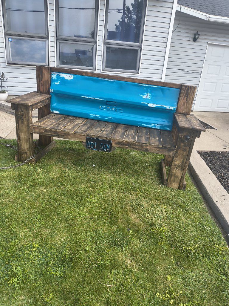 Handcrafted GMC Truck Tailgate Wood Bench - Unique Outdoor Seating with License Plate Detail