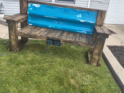 Handcrafted GMC Truck Tailgate Wood Bench - Unique Outdoor Seating with License Plate Detail