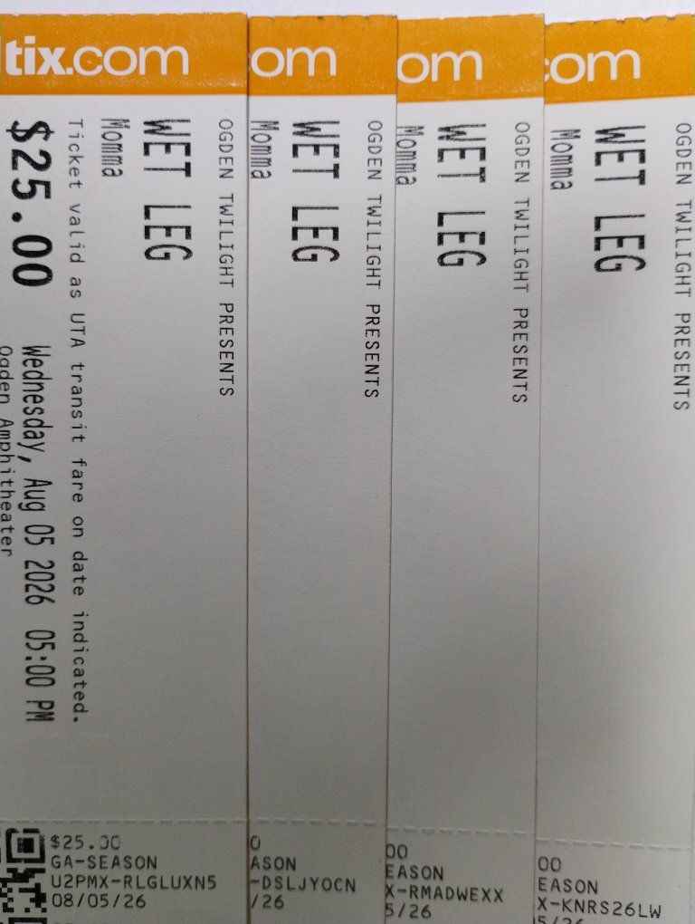 4 Wet Leg/Momma Tickets Ogden Amp Wednesday Aug 5

$19 each below cost
4 Hard Tickets in Hand
(prevents copying, safer!)