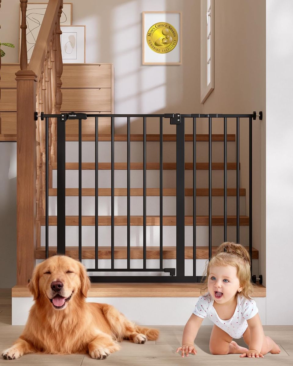 Black 29.5–40.75" Baby/Pet Gate Pressure-Mounted Walk-Through with Dual Lock & 2-Way Swing