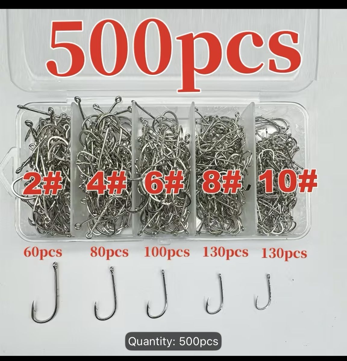 500pcs Assorted Fishing Hooks Set in Organizer Box Sizes 2# to 10#
