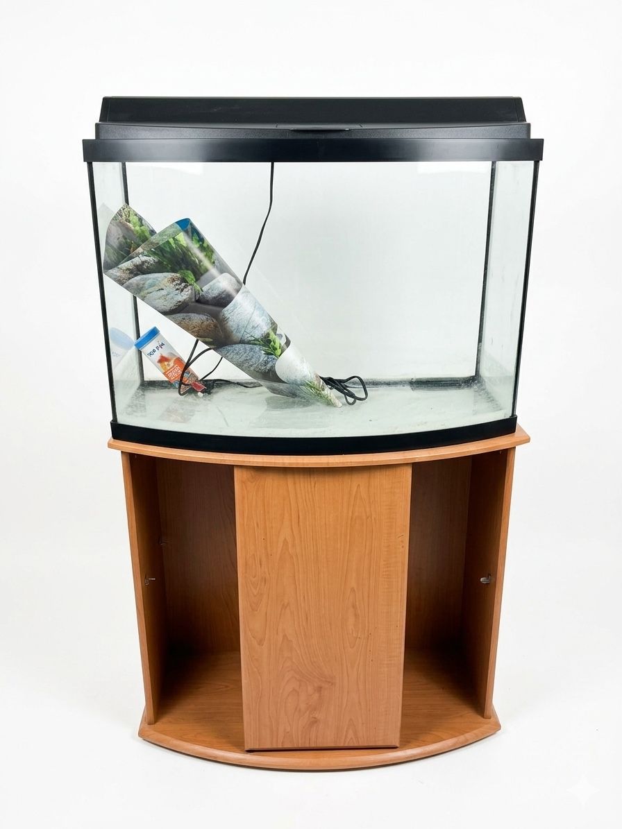 36-Gallon Bowfront Aquarium Fish Tank with Matching Wooden Stand & Hood - Gently Used