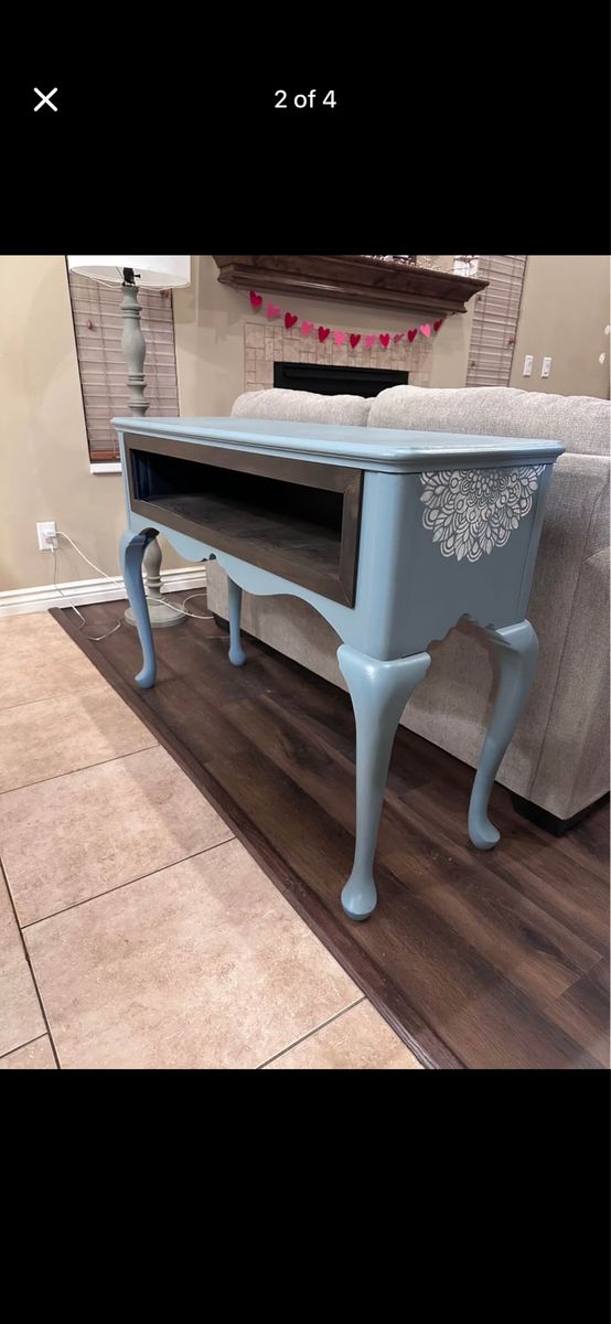 Painted Console Table, Blue Sofa Table with Mandala Accent, Vintage Style Entryway Furniture