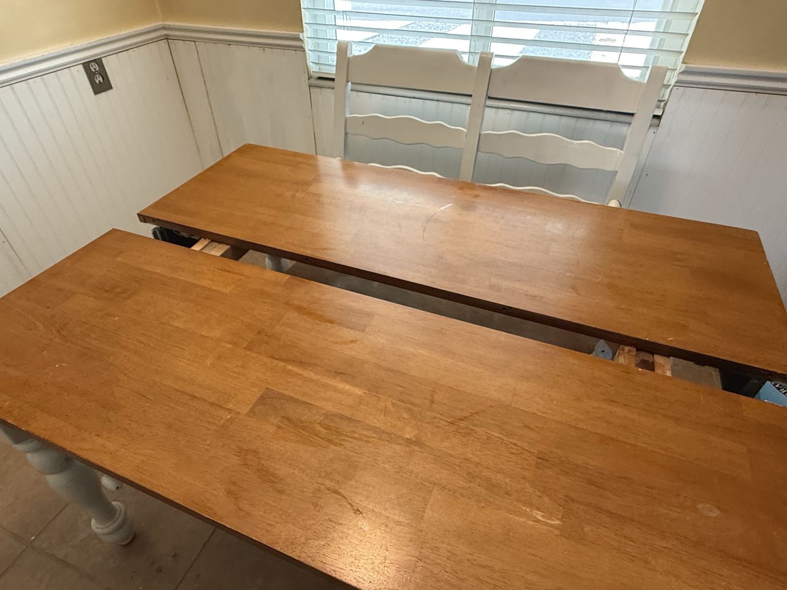 Extendable table with leaf, 4 chairs, and bench