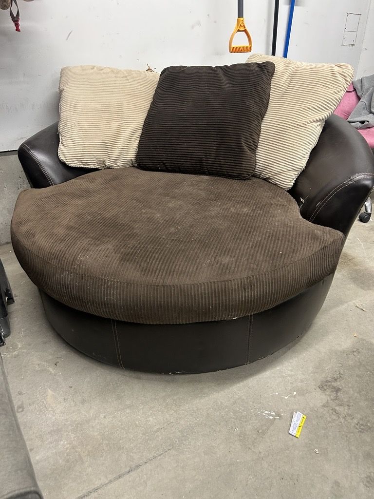 Oversized Round Swivel Chair – Brown Faux Leather & Corduroy, Includes Pillows