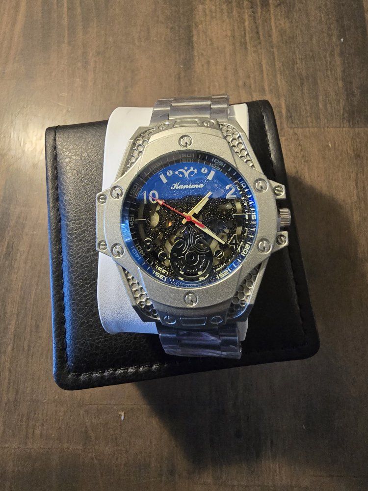 Kanima Men's Silver Stainless Steel Blue Dial Skeleton Watch with Tool 45mm