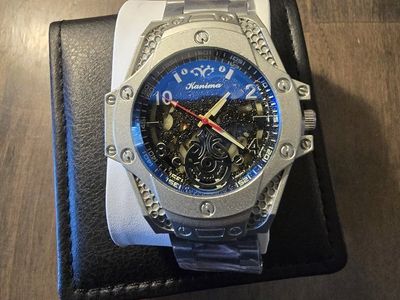 Kanima Men's Silver Stainless Steel Blue Dial Skeleton Watch with Tool 45mm