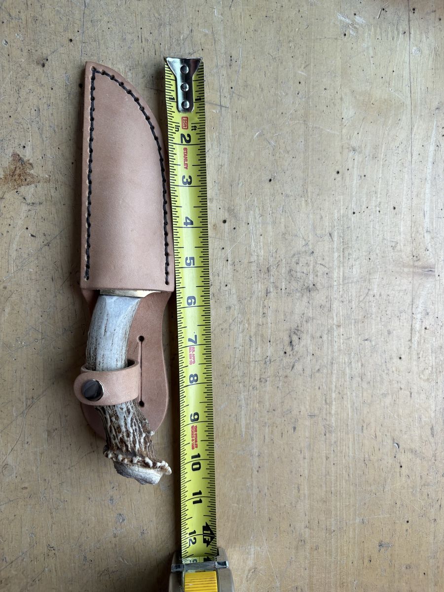 Handmade Deer Antler Handle Fixed Blade Knife with Custom Leather Sheath - 9.5" in total