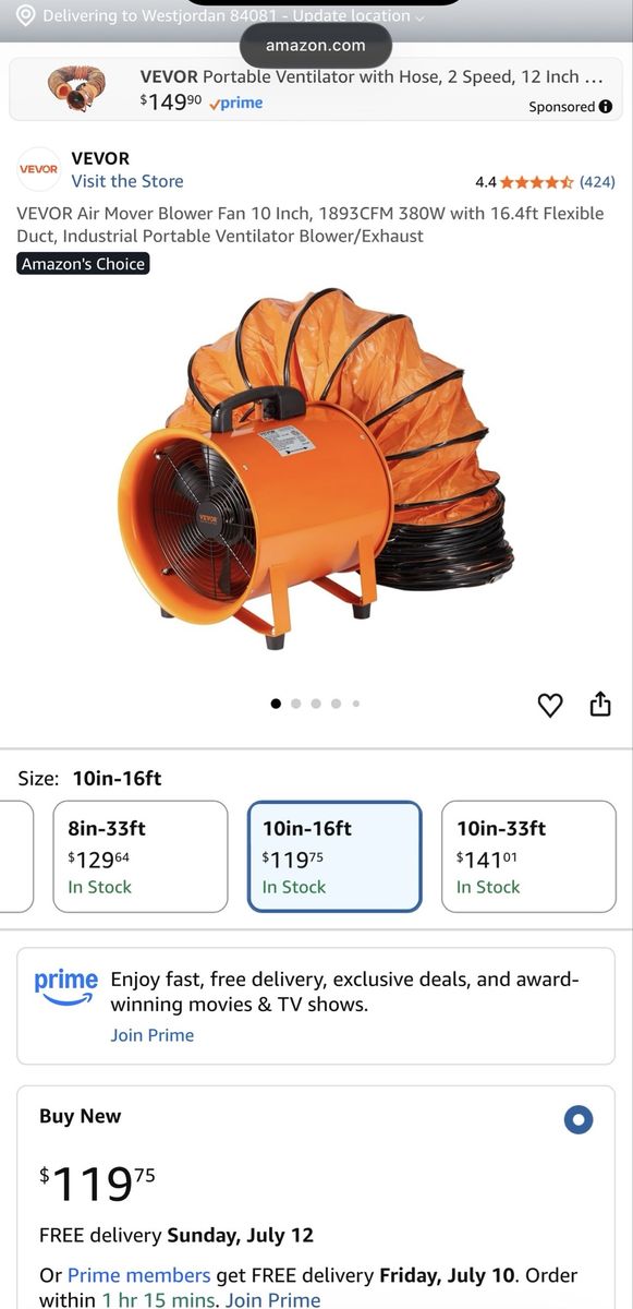 Vevor 10” Ventilation Fan w/ duct for Welding / Construction