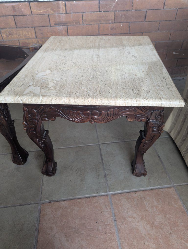 Pair of Hand-Carved Wood End Tables with Travertine Stone Tops