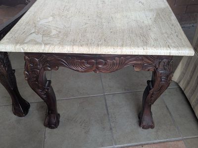 Pair of Hand-Carved Wood End Tables with Travertine Stone Tops