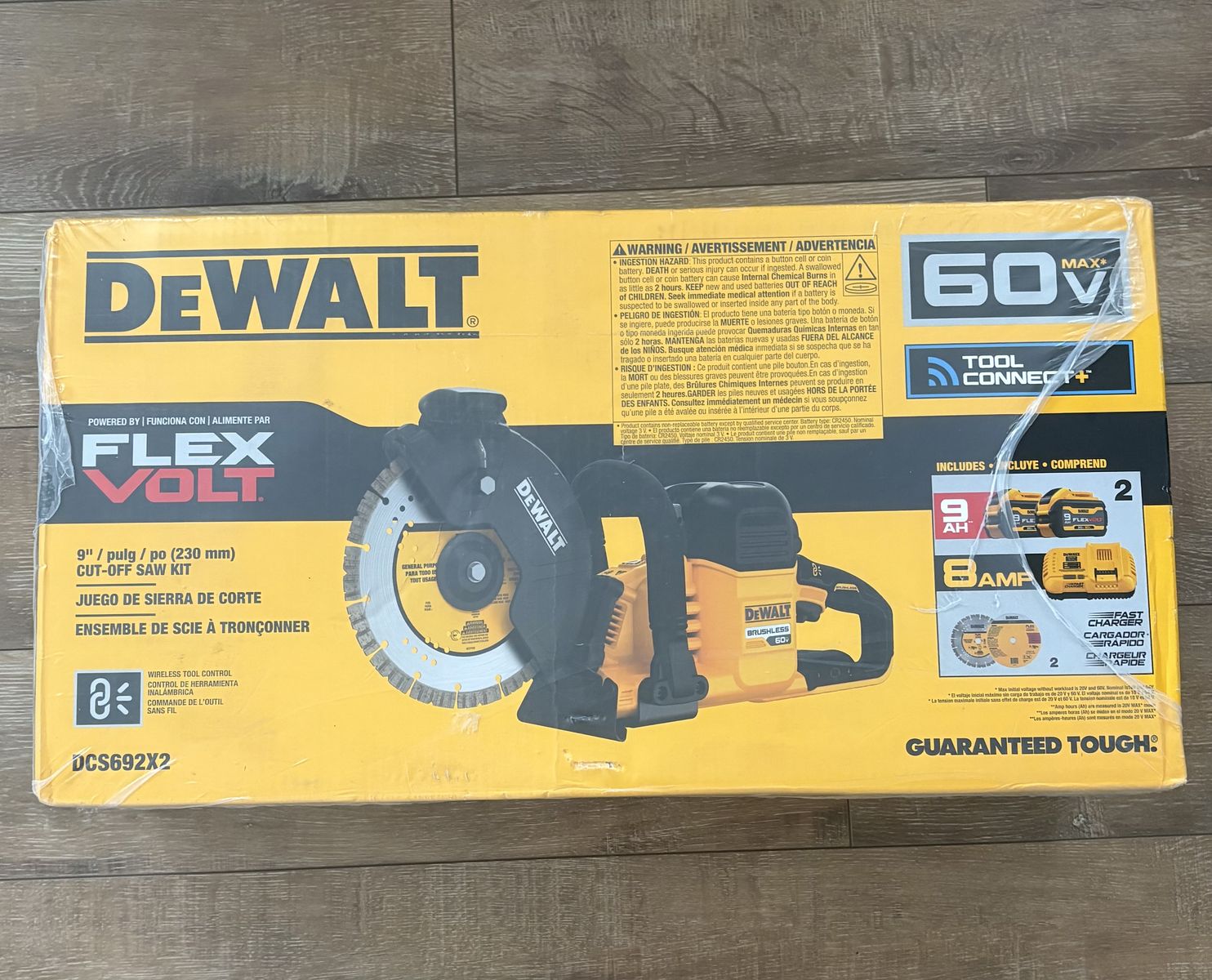 NEW Dewalt FLEXVOLT 60V MAX Cordless 9 in. Cutoff Saw and (2) FLEXVOLT 9.0Ah Batteries