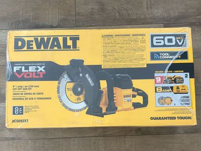 NEW Dewalt FLEXVOLT 60V MAX Cordless 9 in. Cutoff Saw and (2) FLEXVOLT 9.0Ah Batteries