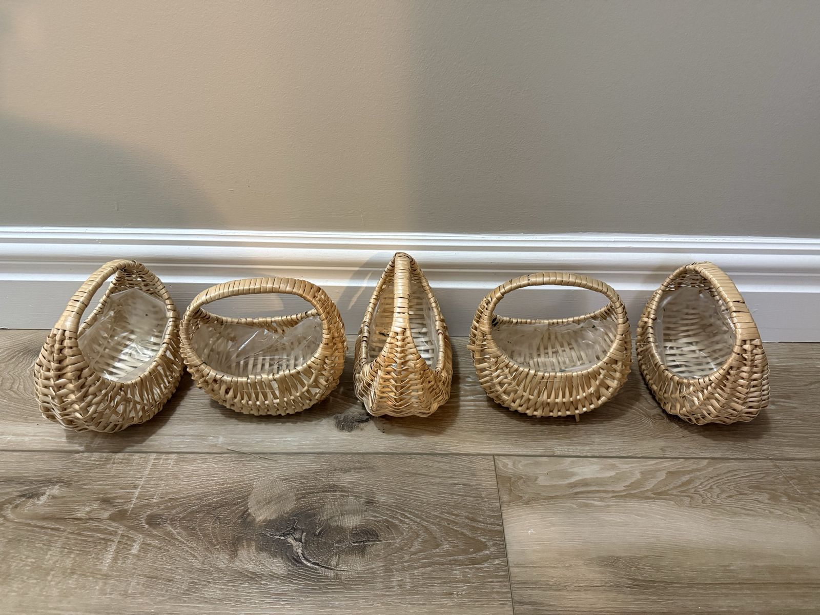 Set of 5 Small Woven Wicker Baskets with Handles and Plastic Liners, Beige/Natural