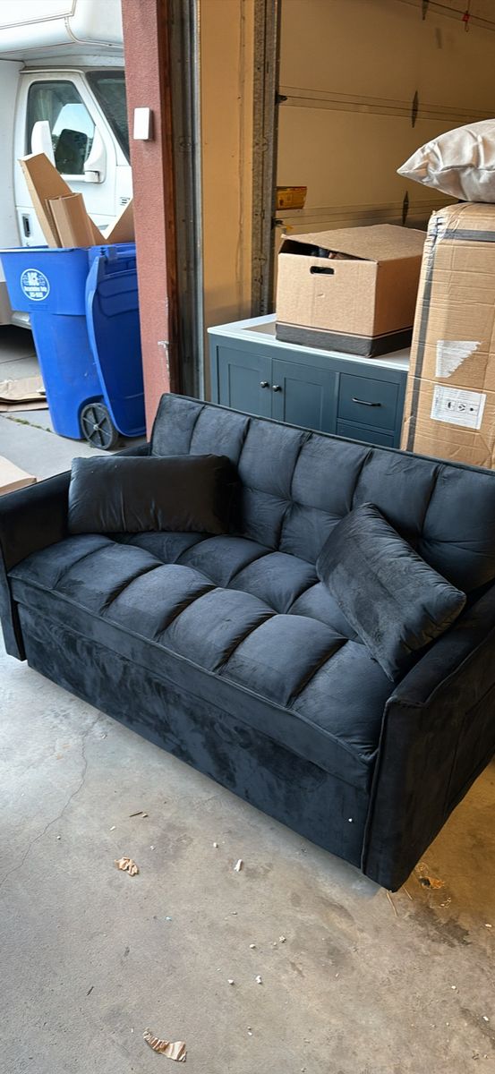 Black Velvet Tufted Futon Sofa Bed with Adjustable Back & Armrests