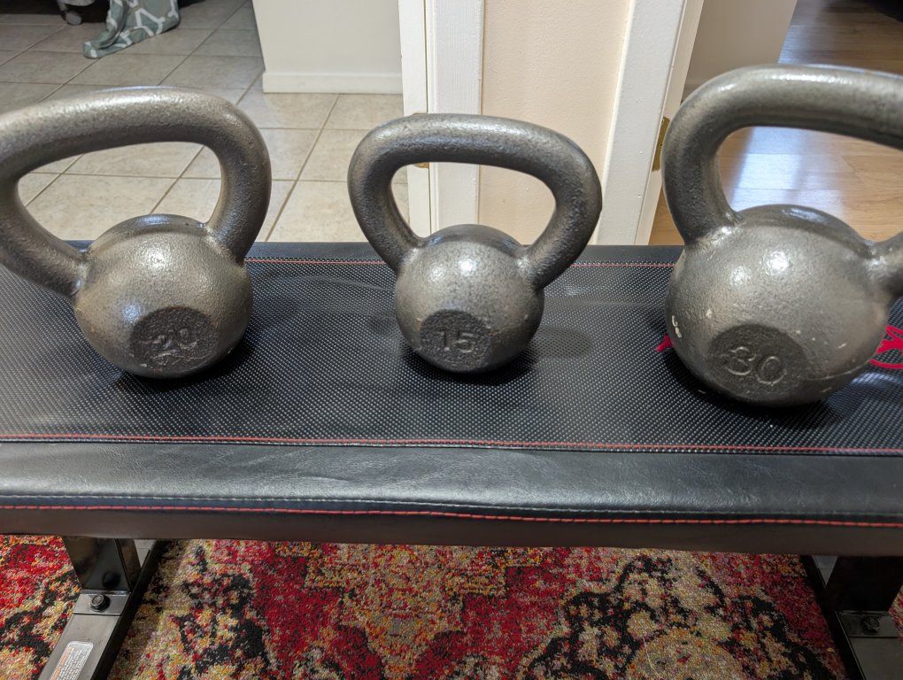 Set of 3 Solid Cast Iron Kettlebells 15-30lbs