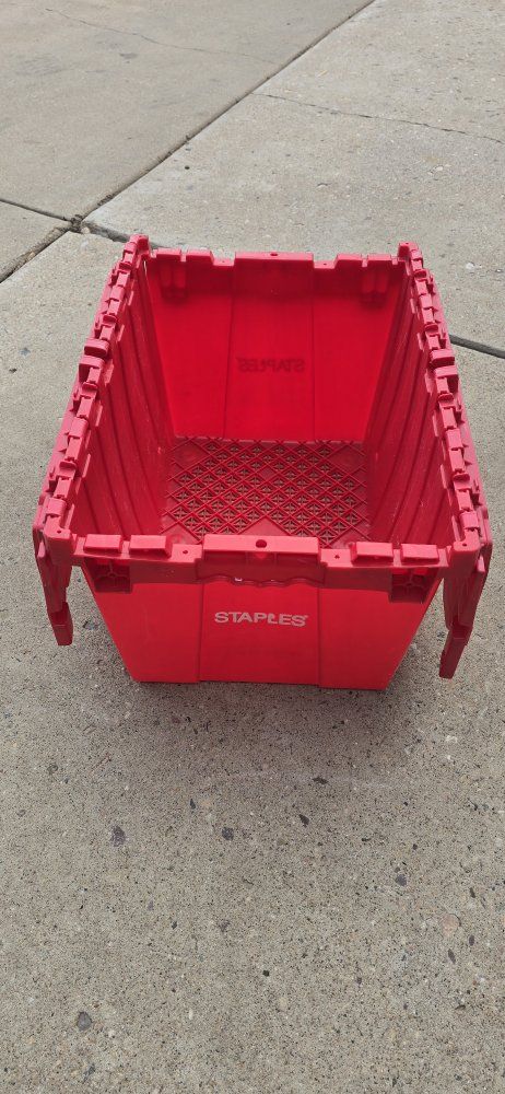 Staples Heavy Duty Red Plastic Moving Storage Tote Box with Attached Lid