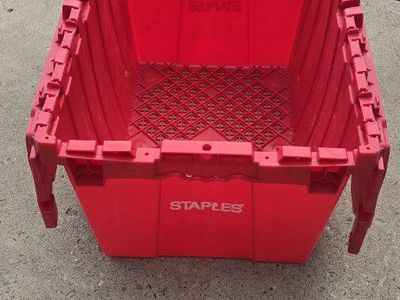 Staples Heavy Duty Red Plastic Moving Storage Tote Box with Attached Lid