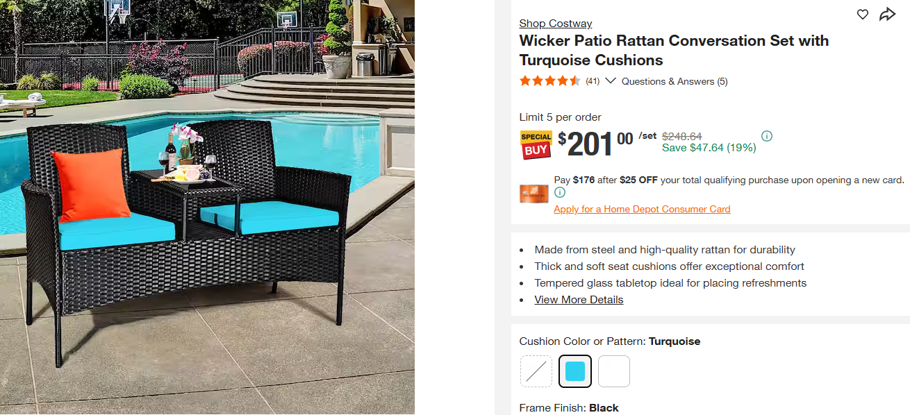 Costway Wicker Patio Rattan Conversation Set with Turquoise Cushions
