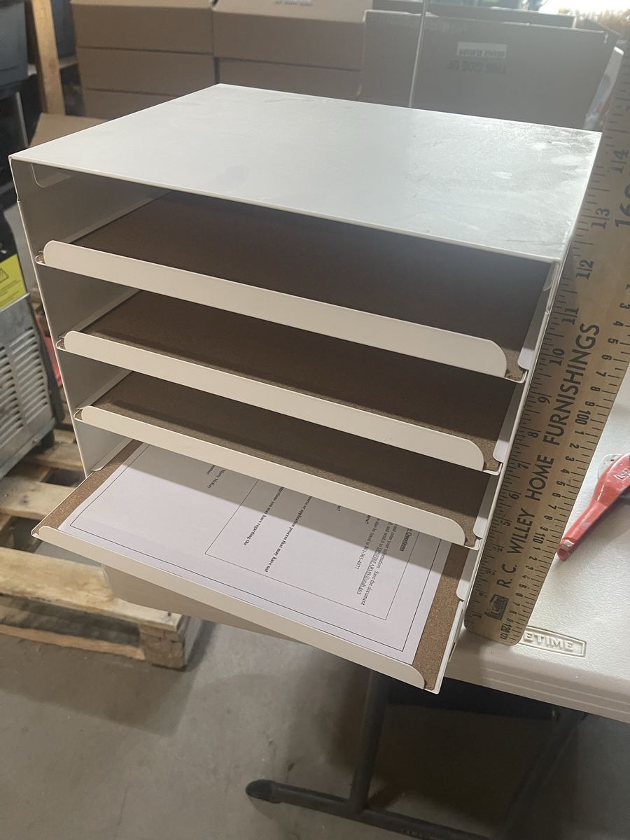 White Metal 4-Tier Document Tray Organizer with Cork Inlays - Desktop File Sorter