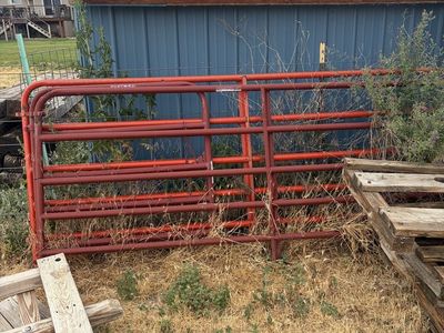 Red Metal Livestock Gate Panel - Used Condition, Durable Farm Ranch Fencing