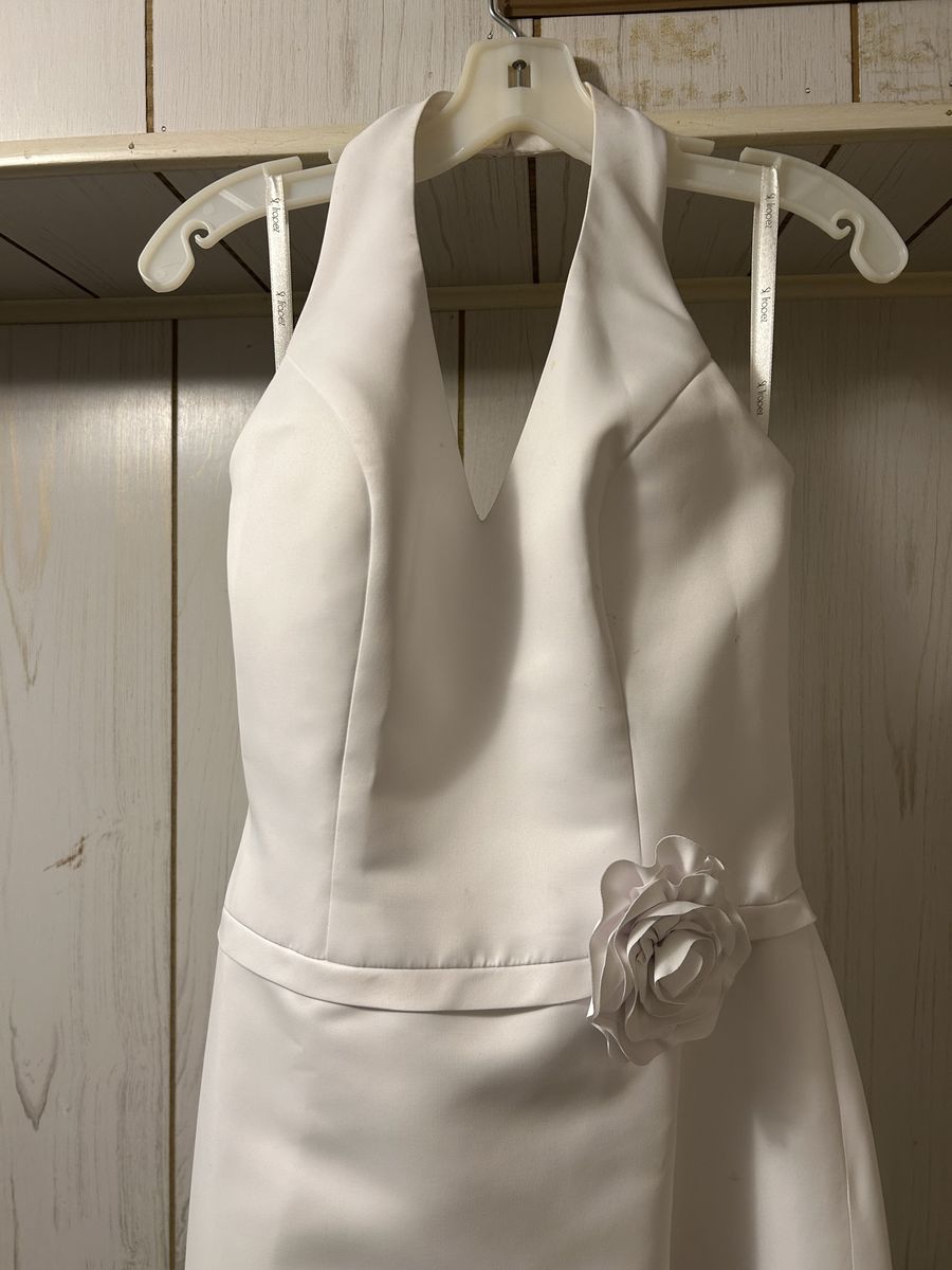 White Halter Neck A-Line Dress with Rosette Detail - Size 10- Formal/Bridal
