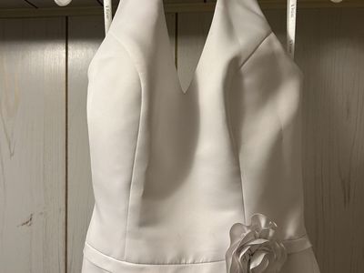 White Halter Neck A-Line Dress with Rosette Detail - Size 10- Formal/Bridal