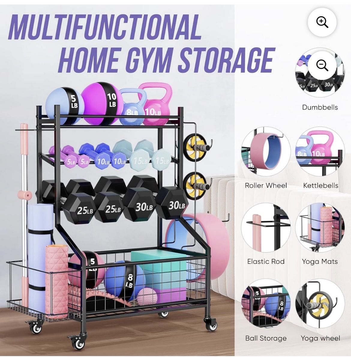 New Home Gym Storage Rack, Dumbbells Kettlebells, Hooks, Wheels