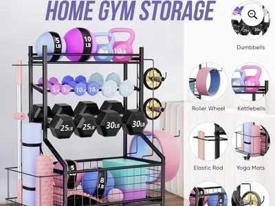 New Home Gym Storage Rack, Dumbbells Kettlebells, Hooks, Wheels