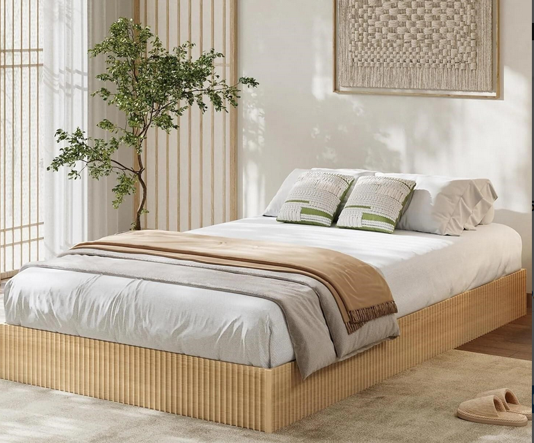 NEW in Box California King Bed Frame Wood Platform W/ Fluted Design Minimalist Bed Base