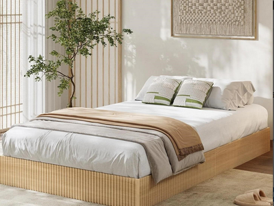 NEW in Box California King Bed Frame Wood Platform W/ Fluted Design Minimalist Bed Base