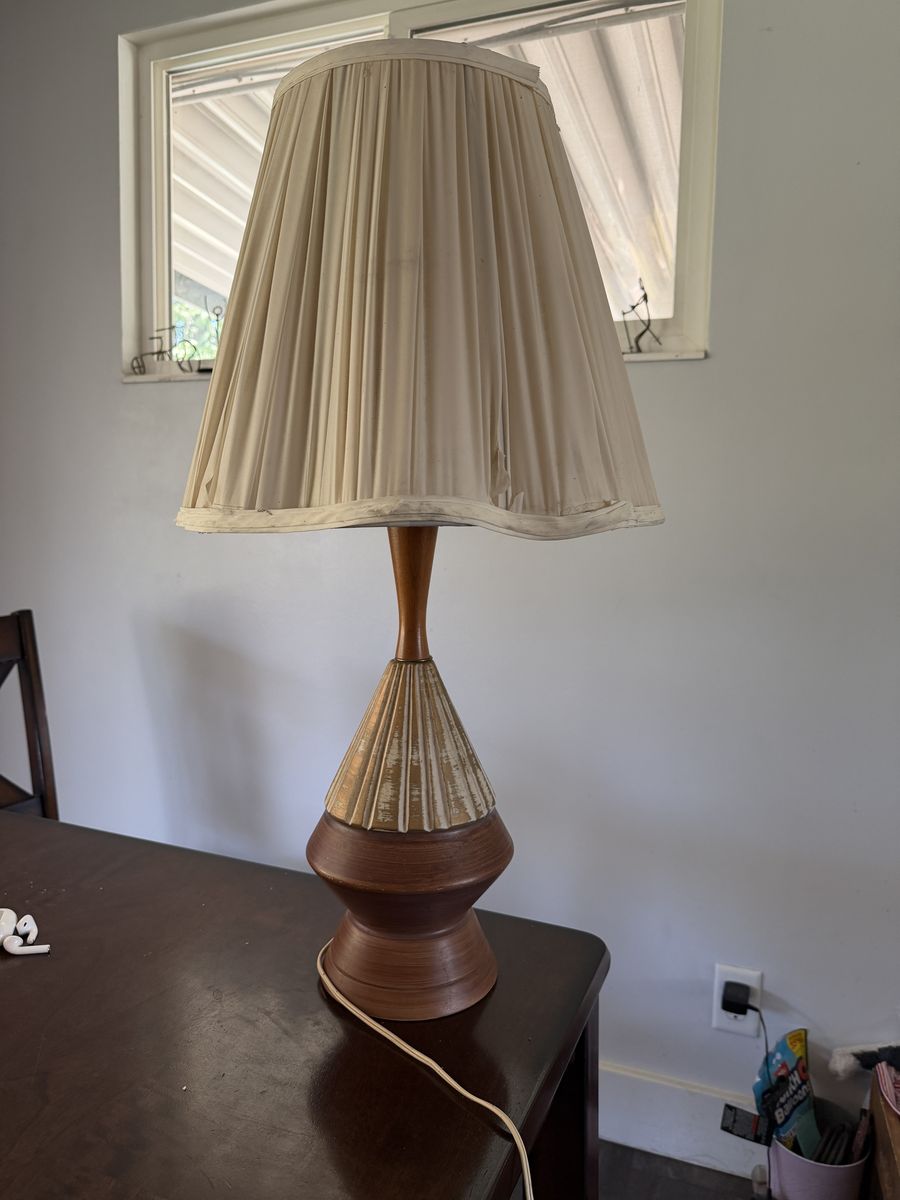 Vintage Mid-Century Modern Table Lamp by & Smith Co., Inc. - Pleated Shade, Wood & Ceramic Base