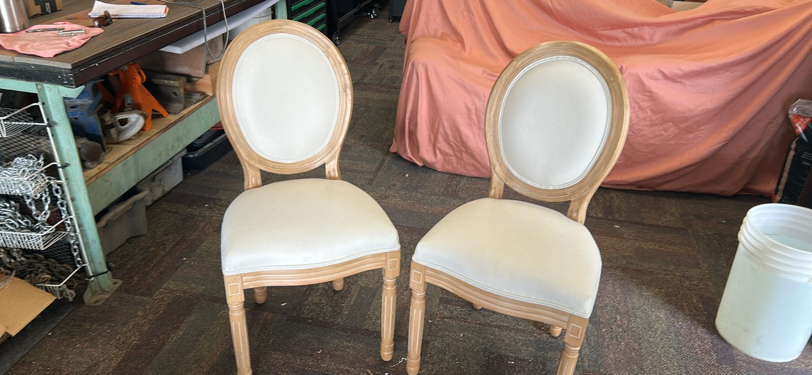 Pair of Oval Back Dining Chairs - Wood Frame, Cream Upholstery