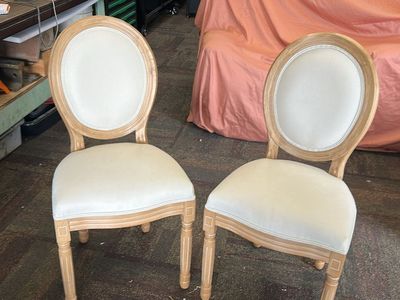 Pair of Oval Back Dining Chairs - Wood Frame, Cream Upholstery