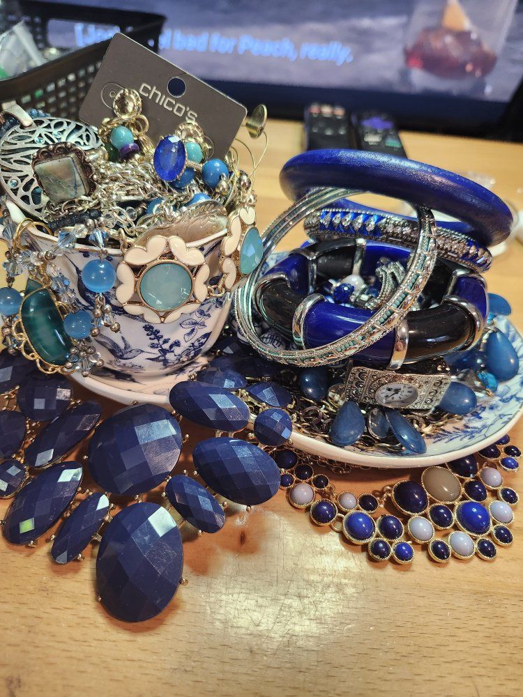 Blue Costume Jewelry Lot Necklace Bracelets Earrings. also includes signed pieces as well as 2 overflow bags. 